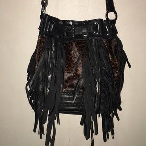The Kooples Fringe Leopard Leather Bucket Bag
